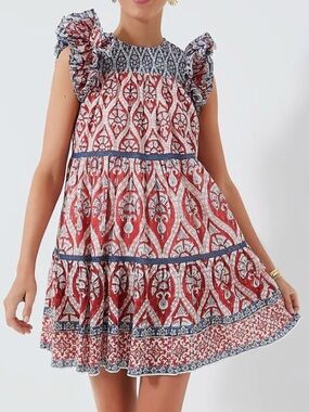 Ash & Eden Olga Red and Blue Printed Ruffle-Sleeve Dress size Large